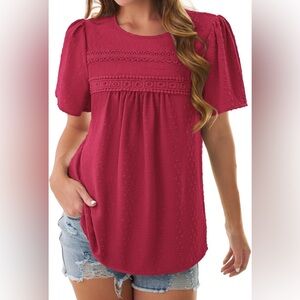 Falachay Boho Burgundy Blouse with Crochet Lace Detailing Sz L